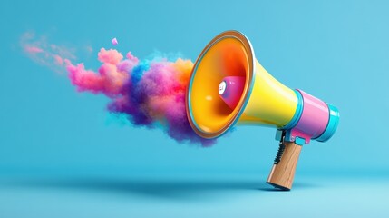 Aufkleber - A vibrant colorful mehone releasing a dazzling stream of multicolored smoke against a soothing light blue background in artistic display of sound