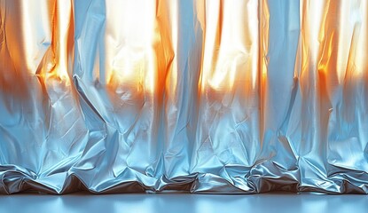 Poster - A shimmering display of crumpled foil, reflecting warm light for an artistic touch in creative projects. Copy space, commercial use