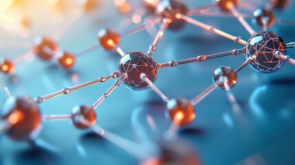 Aufkleber - Close-Up Abstract Rende of Complex Molecular Structure with Interconnected Dark Spheres Linked by Metallic Rods and a Blurred Blue Orange Background