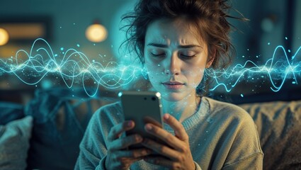 A young woman displays a concentrated expression while using her smartphone in a dimly lit room. Visual effects suggest dopamine interaction, highlighting the emotional impact of technology