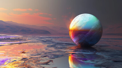 Wall Mural - Iridescent orb resting on a reflective surface at sunset with distant mountains visible behind it
