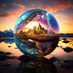 Wall Mural - A crystal ball reflecting a mountain landscape at sunset on a rocky shore near a calm lake view