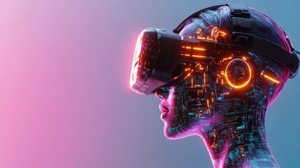 Poster - A captivating profile view of a person in a VR headset, their semi-transparent face showcasing intricate circuitry against a gradient pink and blue backdrop.