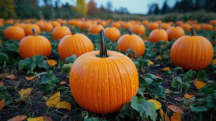 a large orange pumpkin patch grows abundantly in a field