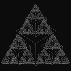 Poster - A black and white image of a pyramid made of cubes. The pyramid is very tall and has many cubes stacked on top of each other. The image has a very abstract and geometric feel to it