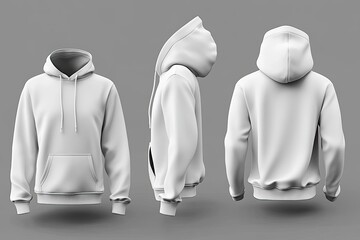 blank white hoodie mockup, three-view. detailed front, side, and back renderings of a plain, unbrand