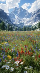 Wall Mural - Alpine Meadow with Wildflowers Under a Clear Blue Sky