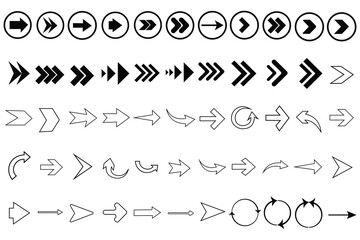 Fototapete - Collection of different arrow set vector design. Set of black arrow outline. Vector icon. Set of arrow icons. Arrows icon. Arrows for web design. Cursor outline. Different shape and size pointer set.