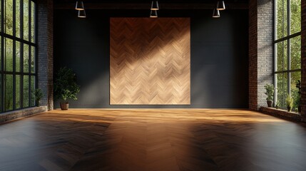 Poster - Sunlit Minimalist Industrial Space Showcasing Large , Exposed Brick Walls, Dark Hardwood Floors, and a Striking Herbone Wood Accent Wall