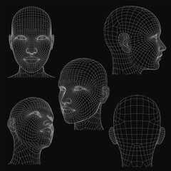 Poster - A series of five different faces, all of which are made of wire and have a very detailed look. The faces are all different sizes and angles, but they all have a similar, almost robotic appearance