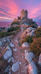 Wall Mural - Ruined Stone Castle on Rocky Hill at Sunset Overlooking Ocean