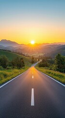 Wall Mural - Scenic Mountain Road with Sunrise Over Lush Green Hills