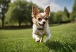 © Alessandro - chihuahua dog running on green grass of a public park, adorable purebreed pet playing outdoors in the meadown, doggy in the nature under a blue sky and a beautiful sunny day