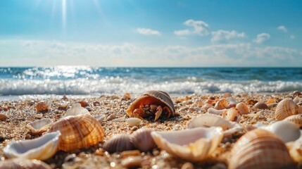 Poster - A hermit crab crawling over seashells on a sunny beach. 