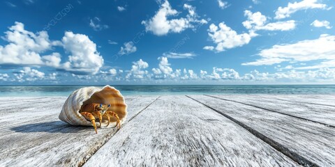 Poster - A hermit crab retreating into its shell on a tropical beach under clear blue skies. 