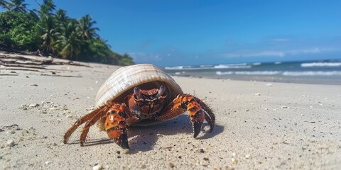 Poster - A hermit crab retreating into its shell on a tropical beach under clear blue skies. 