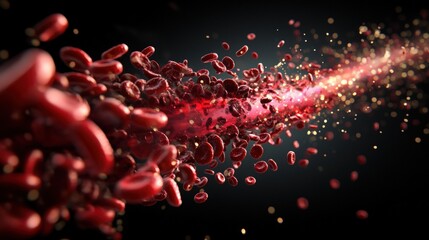 Poster - Stylized Microscopic View of Red Blood Cells Flowing with Bright Light and Golden Particles Creating a Dynamic Scene Against a Dark Background