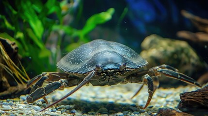 Poster - A horseshoe crab in an aquarium, with natural aquatic decorations.
