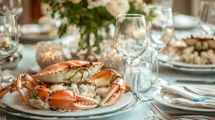 Poster - A luxury dining table featuring crab as the main dish, with wine glasses and elegant decor. 