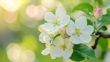 Poster - A macro view of apple blossoms with a soft green orchard background. 