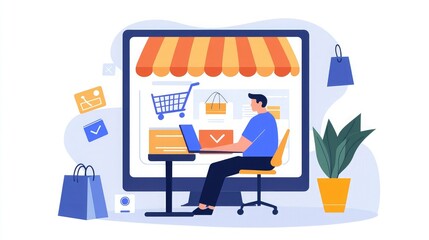 Poster - A marketer working on an e-commerce website to promote products with effective online marketing techniques
