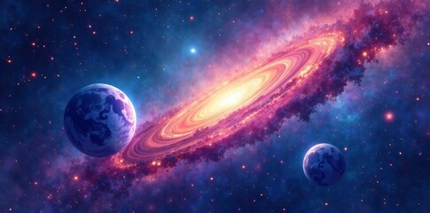 cosmic watercolor galaxy painting with stars and planets, watercolor, blue, fantasy
