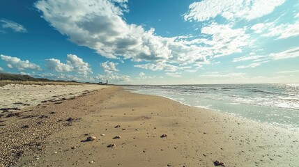Poster - A panoramic view of a beach with scattered crabs and a distant lighthouse.