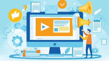 Poster - A person creating an online ad campaign using a computer, optimizing content for digital platforms. 
