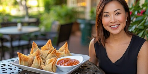 Poster - A platter of crab rangoons served with a dipping sauce, set on an outdoor patio table. 