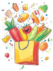 Poster - Groceries joyfully jumping into a shopping bag in a vibrant cartoon illustration celebrating cheerful moments in a colorful market
