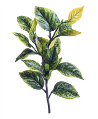 Wall Mural - Green and yellow variegated leaves on branch isolated on white