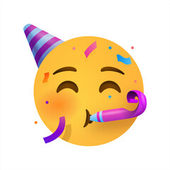 Partying emoji. Emoticon with party horn and hat, vector 10 eps.