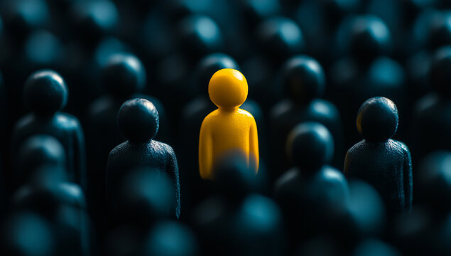 Bright figure surrounded by dark silhouettes illustrates individuality and uniqueness in a crowded environment