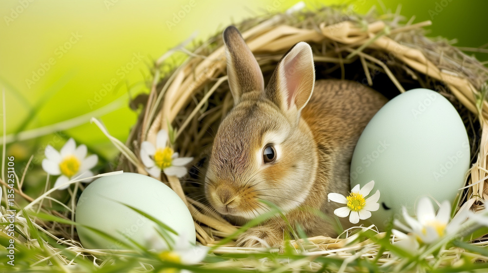 Festive Easter Family Gathering with Eggs, Rabbits, and Spring Blossoms