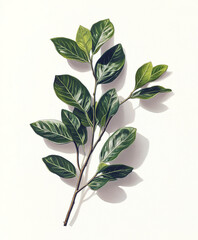 Wall Mural - branch of green leaves casting shadow on white background