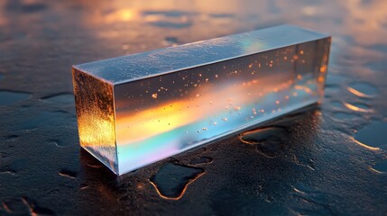 Poster - Crystal-clear prism reflecting colorful light patterns on a wet surface, showcasing natural beauty and unique design for artistic compositions and photography projects.