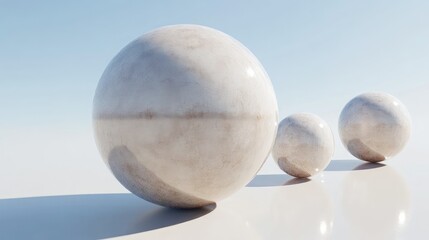 Poster - Abstract composition featuring three reflective spheres on a minimalistic surface under a bright sky, emphasizing form, light, and shadow in modern design aesthetic