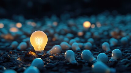 Poster - Illuminating Ideas: A Single Shining Light Bulb Amongst a Sea of Dim Unlit Bulbs on a Pebble-Strewn Ground in a Softly Lit Setting at Dusk
