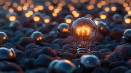 Poster - A Dazzling Scene of Glowing Light Bulbs Amidst Dark Pebbles, Symbolizing Innovation, Ideas, and Inspiration in a Creative Environment Filled with Radiance