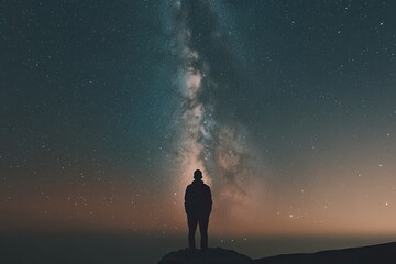 milky way arch and man on top of mountain on starry night. silhouette of lonely guy, pink sky with b