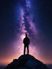 Wall Mural - Milky Way arch and man on top of mountain on starry night. Silhouette of lonely guy, pink sky with bright stars in summer