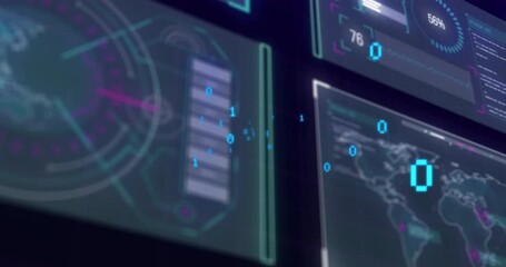 Poster - Digital data and binary code animation over futuristic interface screens