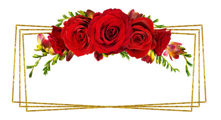 Wall Mural - velvet red rose flowers and freesias in a floral arrangement with golden frame isolated on white or 
