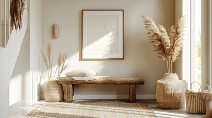 Poster - A boho-inspired entryway in beige, with framed art and soft, natural elements that create a calm and stylish first impression