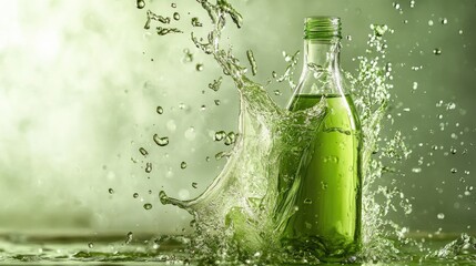 Poster - A bottle of fresh green liquid pouring and splashing dramatically in a well-lit studio setting, with fluid motion frozen in time.