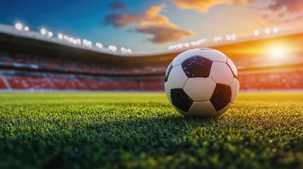 Poster - A bright soccer ball sits in the center of a field, set against a dynamic and colorful stadium background, building anticipation for the game.
