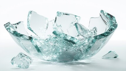 Poster - A broken glass bowl shattered into pieces, with the edges glistening against a white background, symbolizing fragility and destruction.
