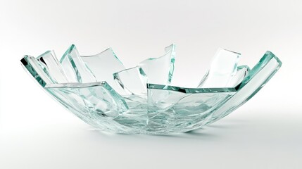 Poster - A broken glass bowl with sharp edges, resting on a clean white background, symbolizing destruction and fragility.