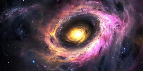 Wall Mural - cosmic beauty: a galaxy's black hole radiating in vibrant pinks and yellows.