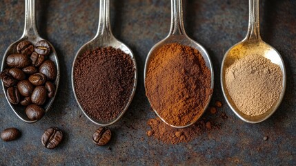 Poster - A close-up of four spoons, each with a different type of ground coffee, showcasing various coffee beans and powders in a rustic setting.